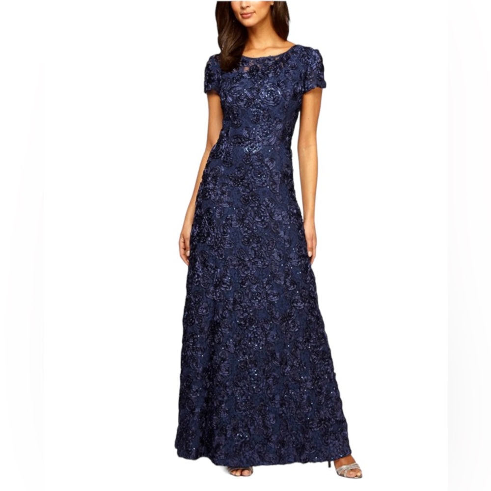 Alex Evenings Navy Rosette Embellished Lace A-Line Gown NWT